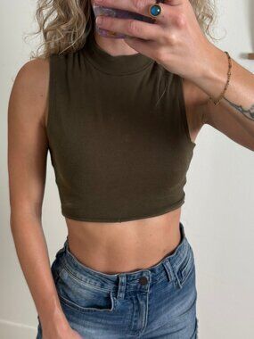 Truly Madly Deeply Mockneck Crop Top Olive Green XS